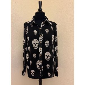 Mona B Sheer Skull Print Button Down Hi Lo Top- Sz M